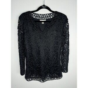 Silken Poetry 100% Silk Black Lace Top Sz Small Beaded Witchy Glam